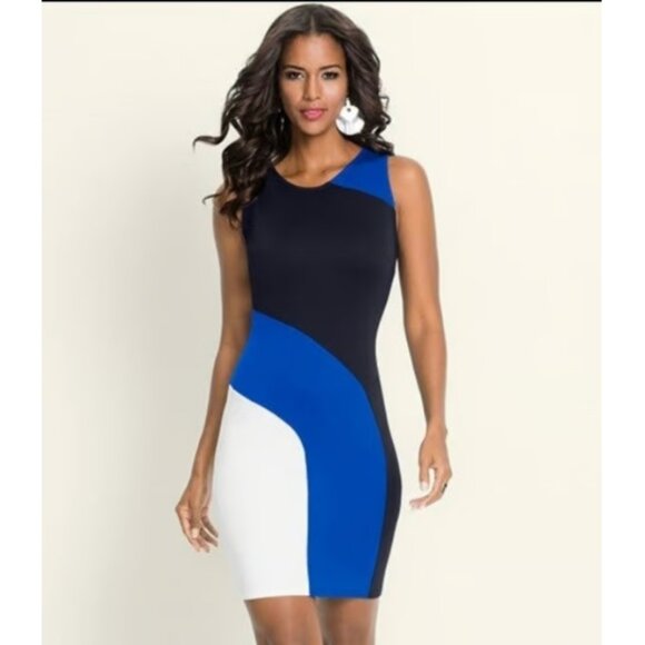 VENUS Dresses & Skirts - Like New Venus Color Block Bodycon Dress Blue, White & Black Cocktail Sz L